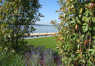Dachgarten mit Rasen, Büschen, Lavendel und Sicht auf den See