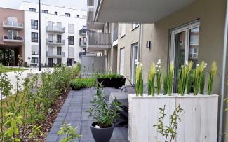 Terrasse mit Topfpflanzen in einer Wohnanlage